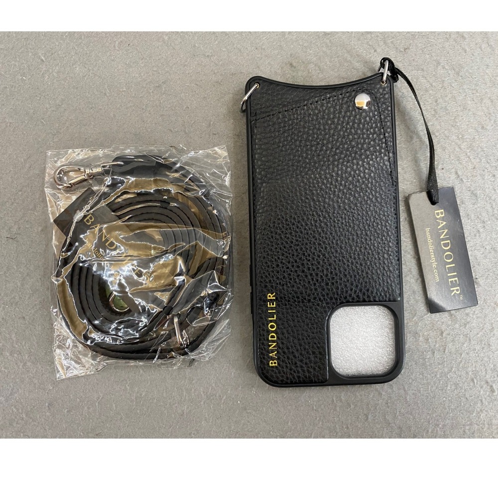 Bandolier Emma iPhone 12 12 Pro Case Black Pebble Leather Crossbody Silver New